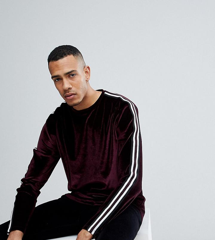 Asos Tall Relaxed Longline Long Sleeve T-shirt In Velour With Sleeve Taping And Curve Hem - Red