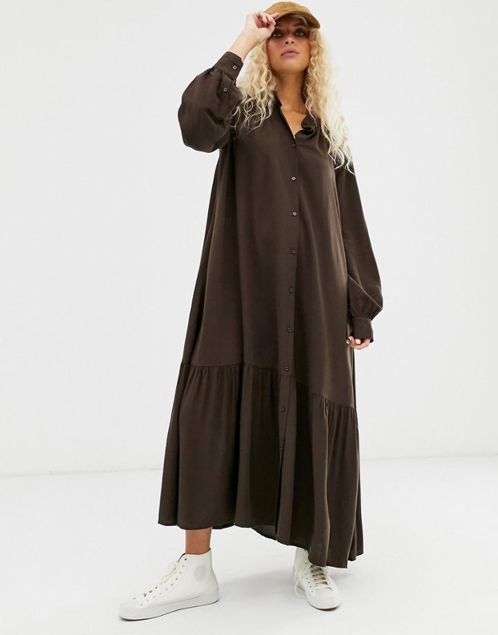 Weekday Maxi Shirt Dress In Dark Brown