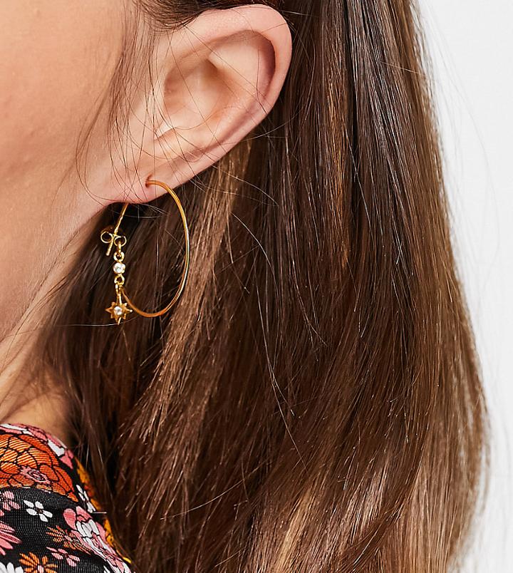 Reclaimed Vintage Inspired Huggie Hoop Drop Earrings With Moon And Star Design In Sterling Silver