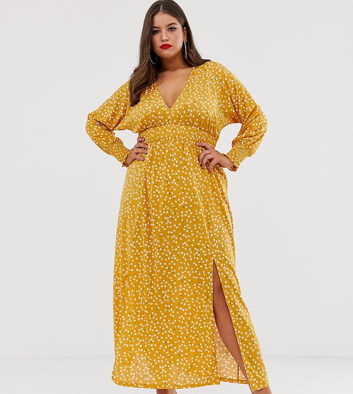Asos Design Curve Ditsy Print Shirred Waist Maxi Dress With Splits-multi