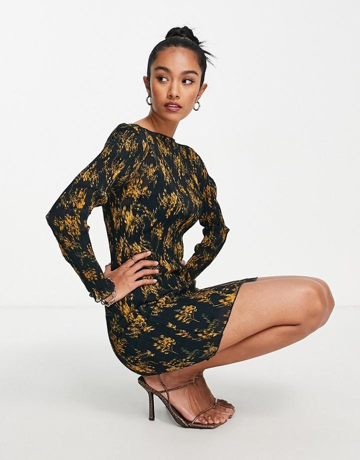 Asos Design Plisse Mini Dress In Floral Print-multi