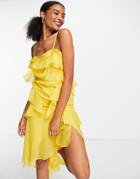 Asos Design Bias Cut Midi Dress With Ruched Back Detail In Yellow