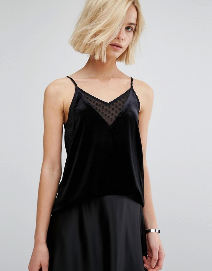 J.o.a Velvet Cami Top With Sheer Spot Layer - Black
