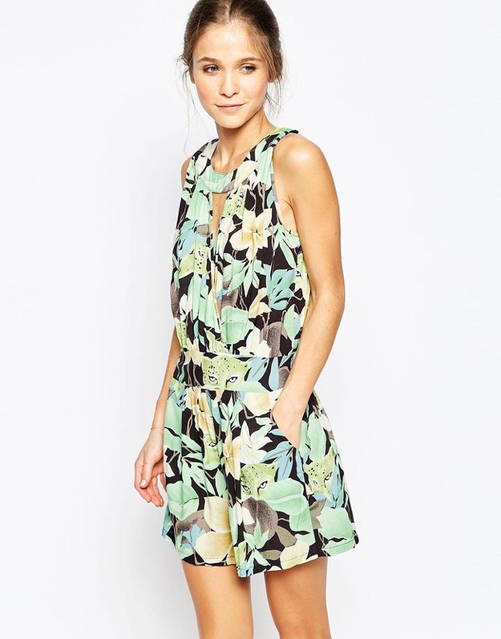 Traffic People Virtue Romper In Tropical Floral Print - Green