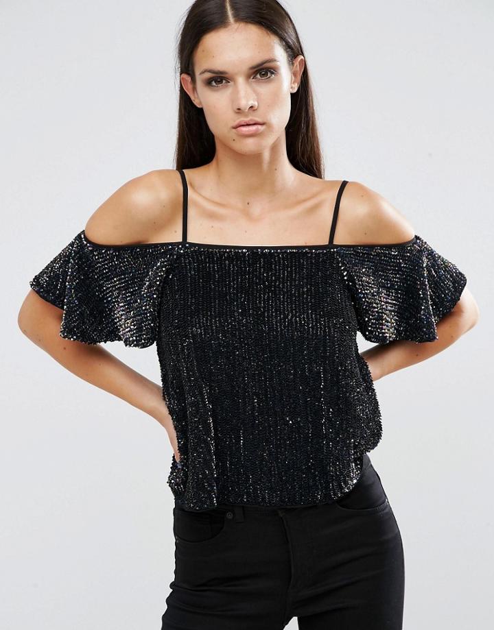 Asos Sequin Cold Shoulder Cami Top - Black