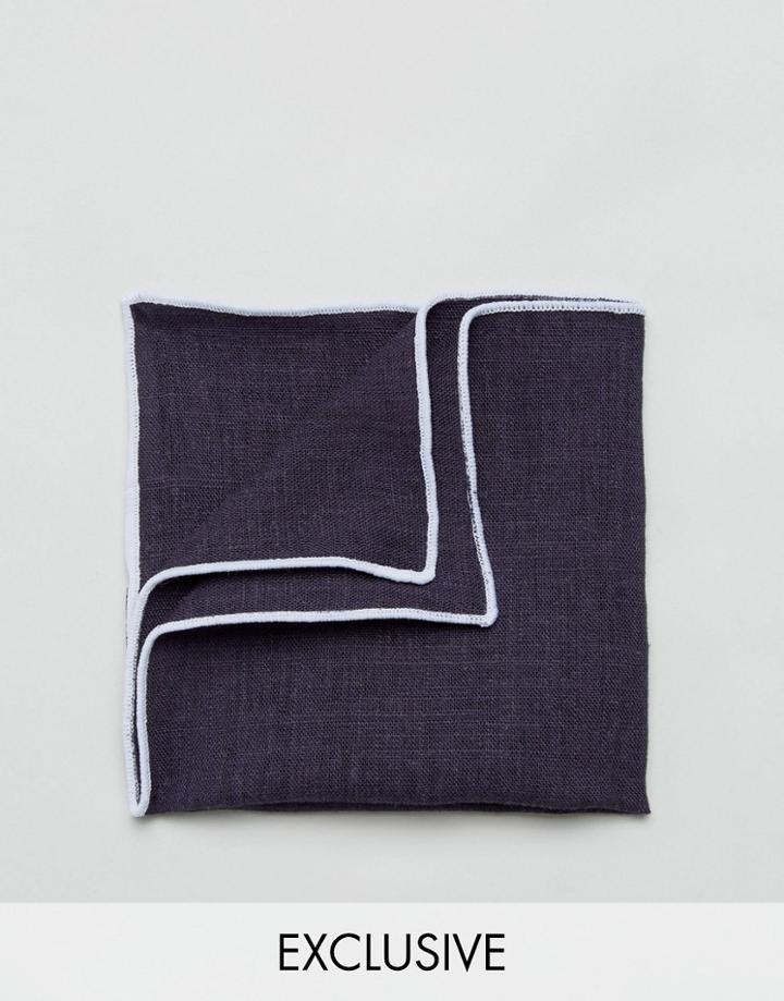 Noak Linen Pocket Square With Contrast Trim - Navy
