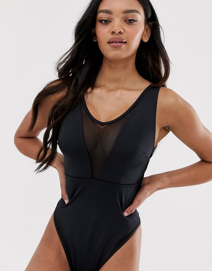Asos Design Fuller Bust Exclusive Mesh Insert Swimsuit In Black Dd-g - Black