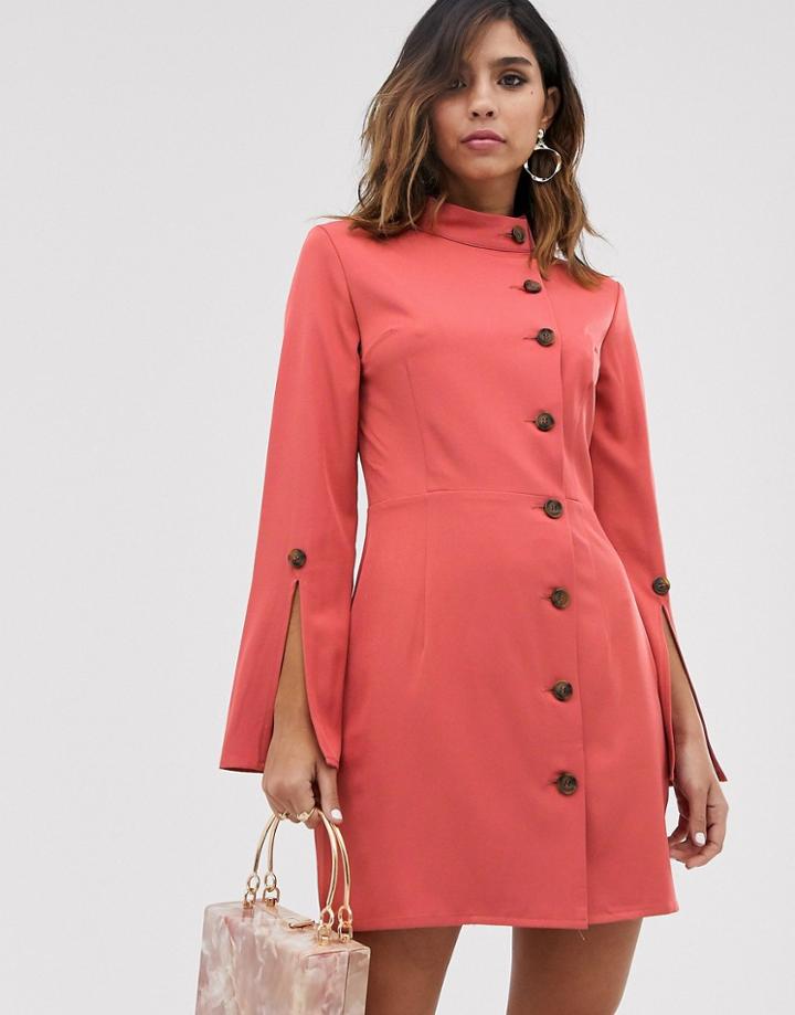Unique21 Button Front Tunnel Collar Dress-orange