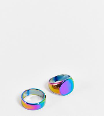 Faded Future Signet And Band 2 Pack Rings In Iridescent-multi