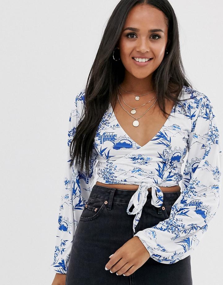 Asos Design Wrap Top In Floral Print-white