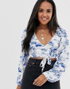 Asos Design Wrap Top In Floral Print-white