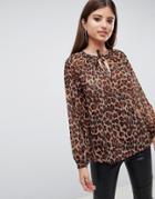 Asos Design Sheer Oversized Wrap Blouse With Tie Neck In Animal Print - Multi