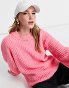 Asos Design Chunky Sweater With Crew Neck In Textured Stitch In Pink