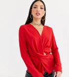 Asos Design Tall Long Sleeve V Neck Top With Twist And Drape Detail - Red