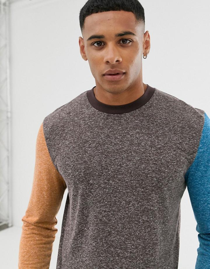 Asos Design Long Sleeve T-shirt In Linen Mix With Contrast Sleeves In Brown