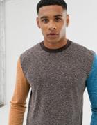 Asos Design Long Sleeve T-shirt In Linen Mix With Contrast Sleeves In Brown