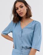 Selected Femme Chambray Button Through Top - Blue