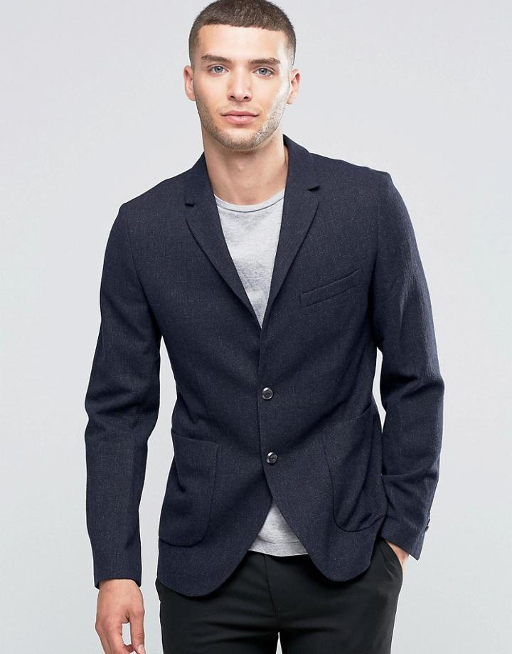 Sisley Slim Fit Wool Blend Suit Jacket With Patch Pocket - Navy