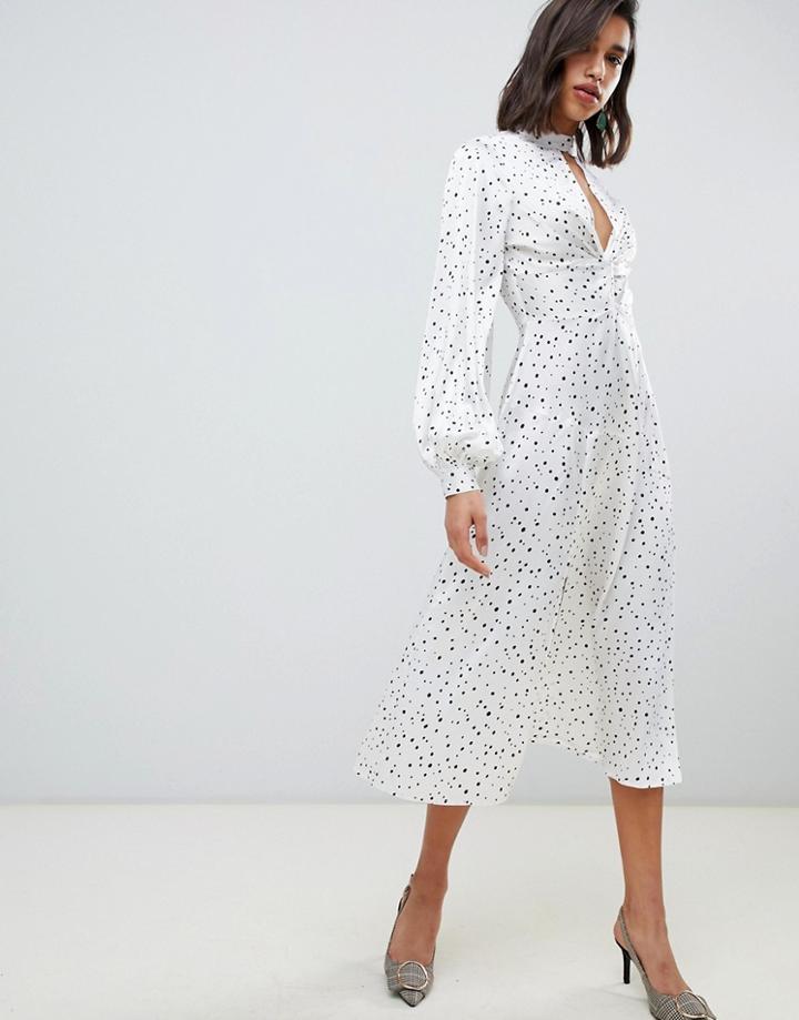 Asos Design High Neck Twist Front 70s Sleeve Midi Dress In Spot-multi