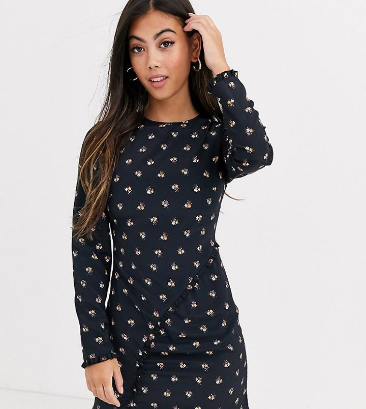 Fashion Union Petite Ruched Front Mini Dress In Allover Ditsy Floral-black