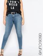 Asos Curve Lisbon Skinny Mid Rise Jeans In Clover Wash - Midwash Blue