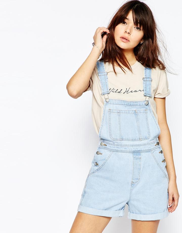 Asos Denim Short Overall In Bleach Wash - Bleach Lightwash Blu