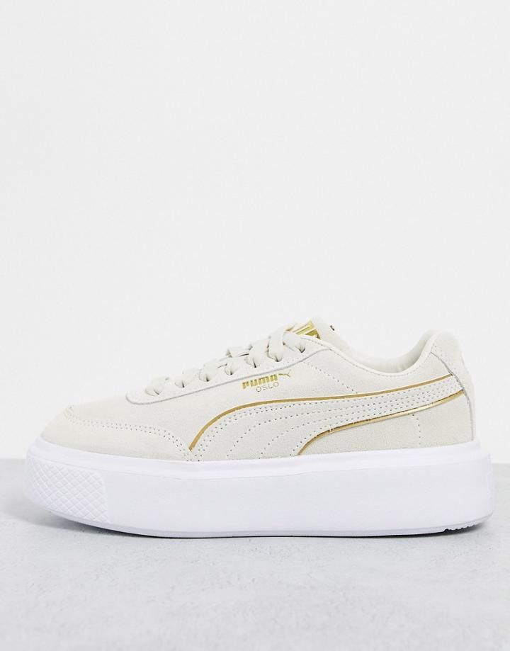 Puma Oslo Maja Leather Sneakers In Ivory Glow And Gold-white