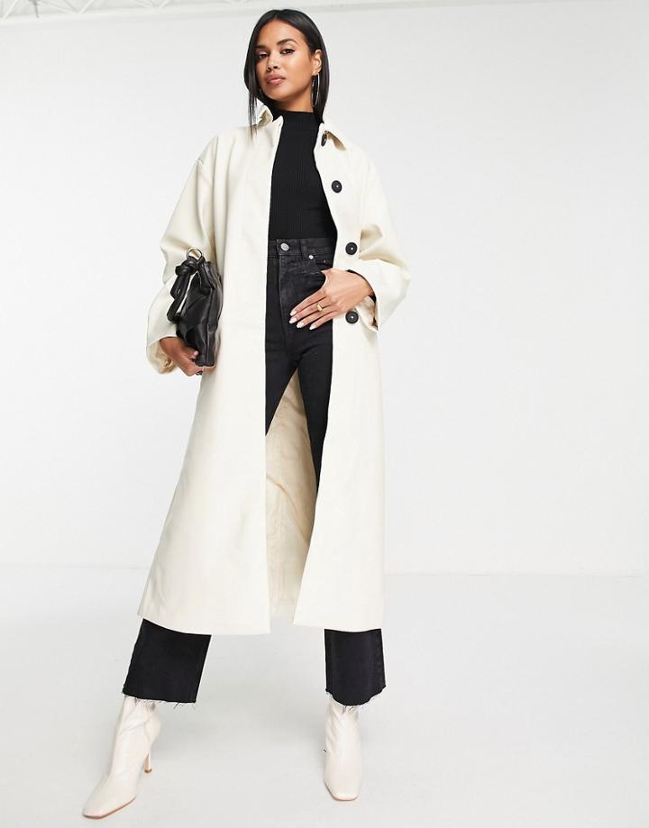 Asos Design 90s Faux Leather Trench Coat In Cream-white