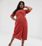 Asos Design Curve Denim Double Breasted Midi Dress With Short Sleeve In Rust - Orange