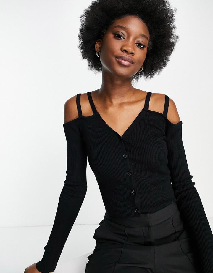 Miss Selfridge Black Button Through Cold Shoulder Rib Top