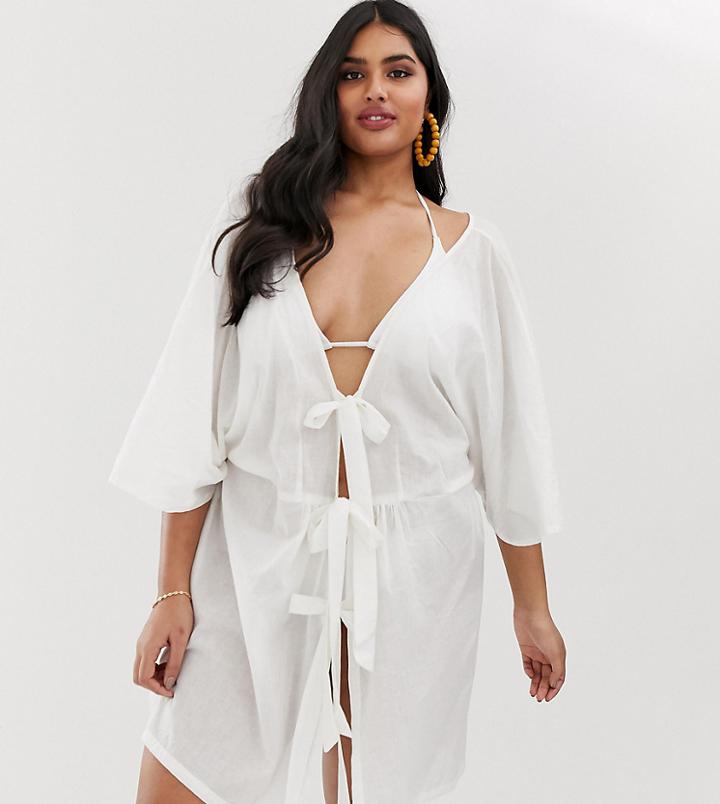 Brave Soul Plus Beach Dress With Triple Tie Front - White
