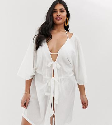 Brave Soul Plus Beach Dress With Triple Tie Front - White