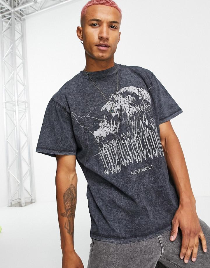 Night Addict Resurrection Skull Face T-shirt In Acid Wash-black