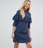 Influence Tall Polka Dot Shift Dress With Ruffle Front - Navy