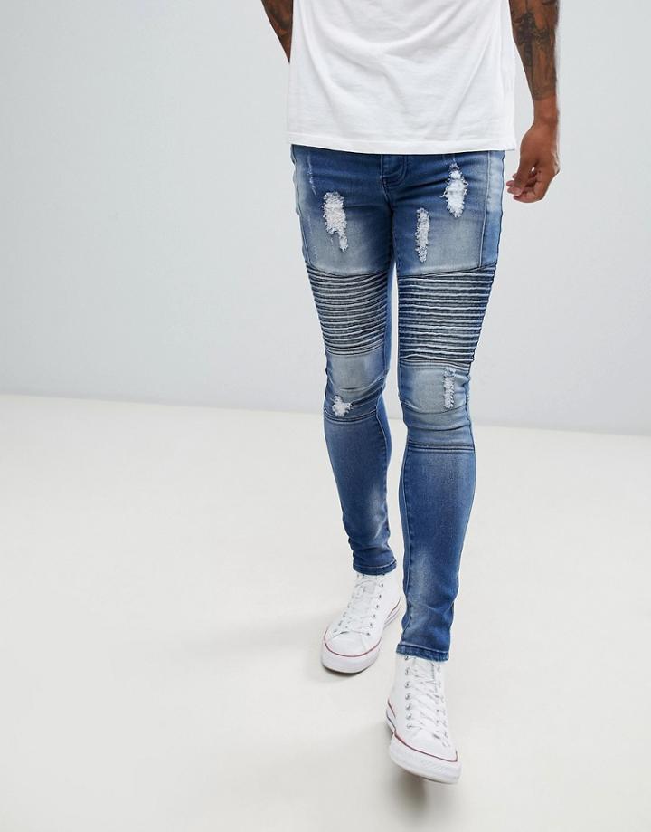 Boohooman Skinny Biker Jeans In Blue Wash - Blue