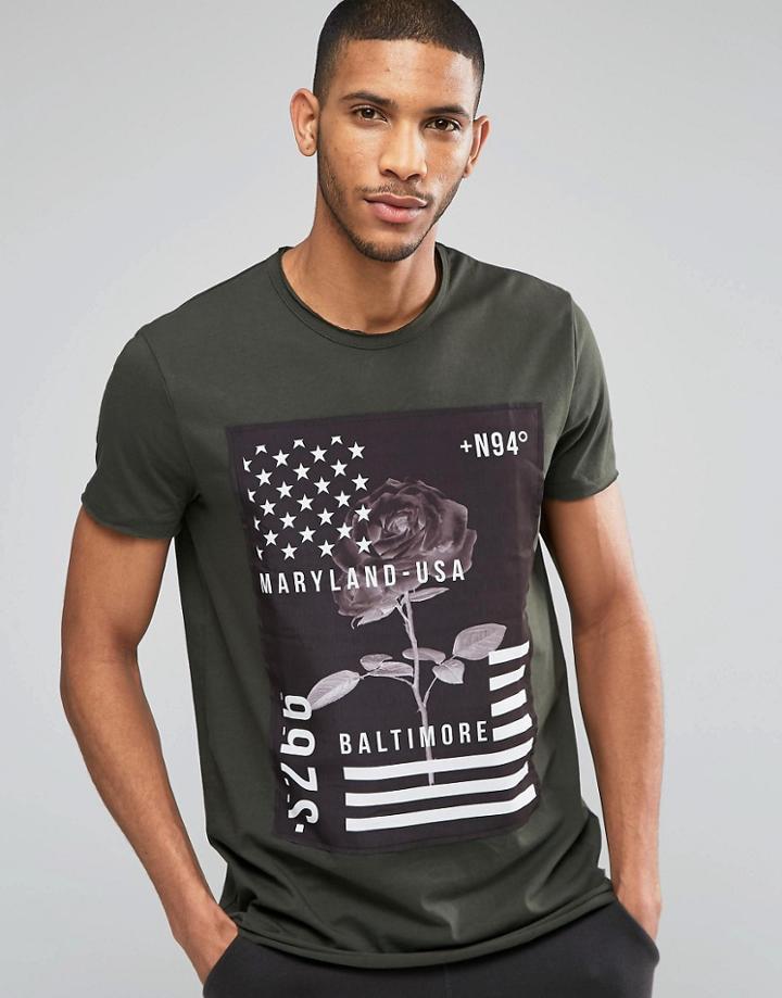 Asos Longline T-shirt With Printed Floral And Flag Patch - Green