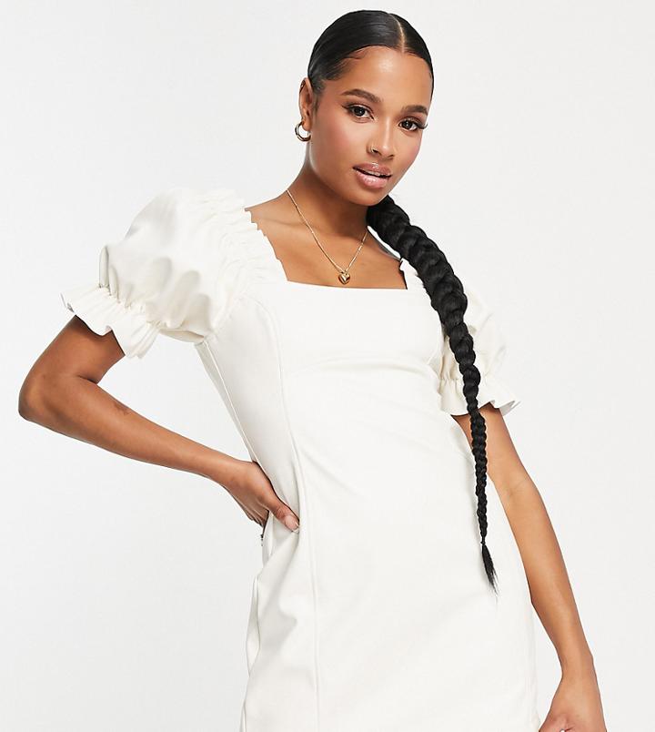 Miss Selfridge Petites Faux Leather Puff Sleeve Mini Dress In Cream-white