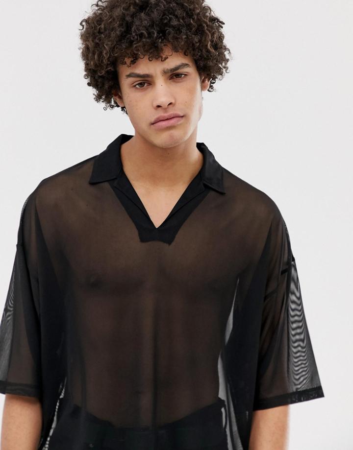 Asos Design Oversized Longline Revere Polo Shirt In Fine Mesh In Black - Black