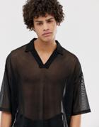 Asos Design Oversized Longline Revere Polo Shirt In Fine Mesh In Black - Black