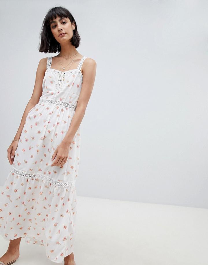 Asos Design Lace Insert Tiered Maxi Dress In Ditsy Floral - Multi