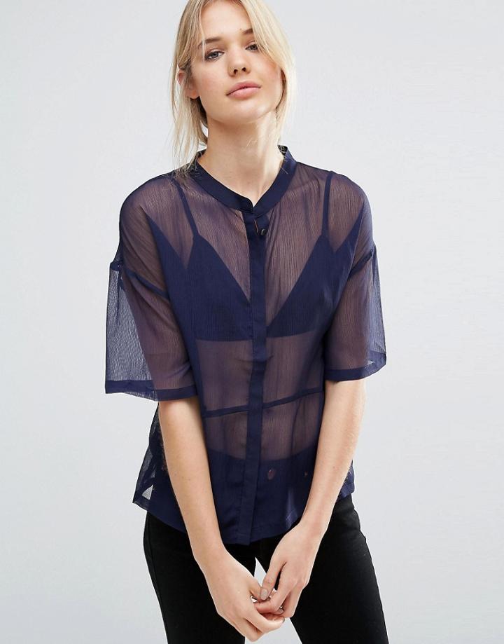 Neon Rose Madarin Shirt - Navy