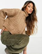 Bershka Cable Knit Roll Neck Sweater In Brown