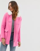 Naf Naf Colorful Coat With Faux Fur Hood In Pink - Pink