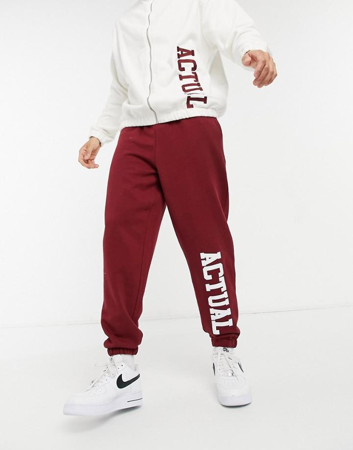 Asos Actual Oversized Sweatpants Set In Burgundy With Cream Applique Logo-red