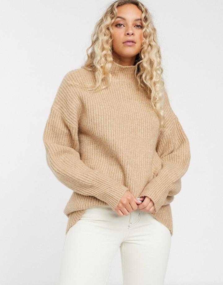 Monki Ribbed Roll Neck Sweater In Beige