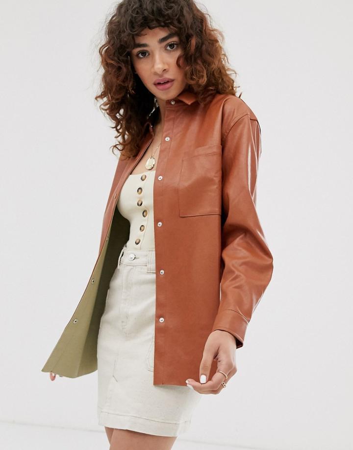 Asos Design Long Sleeve Pu Shirt - Brown