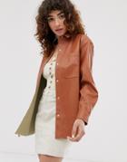 Asos Design Long Sleeve Pu Shirt - Brown