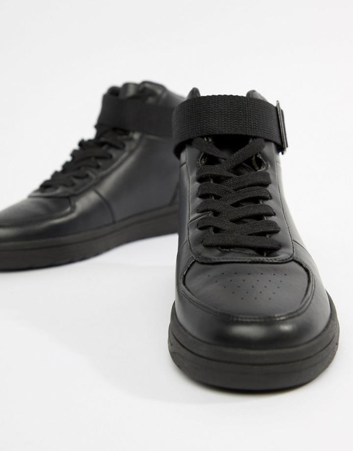 Asos Design High Top Sneakers In Black Polish With Strap - Black