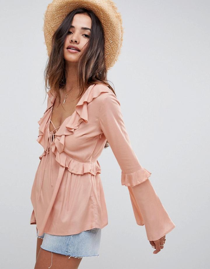 Asos Design Top With Deep V Neck And Lace Up Detail - Pink