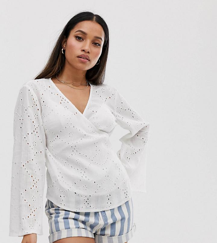Asos Design Petite Crinkle Wrap Top In Broderie-white